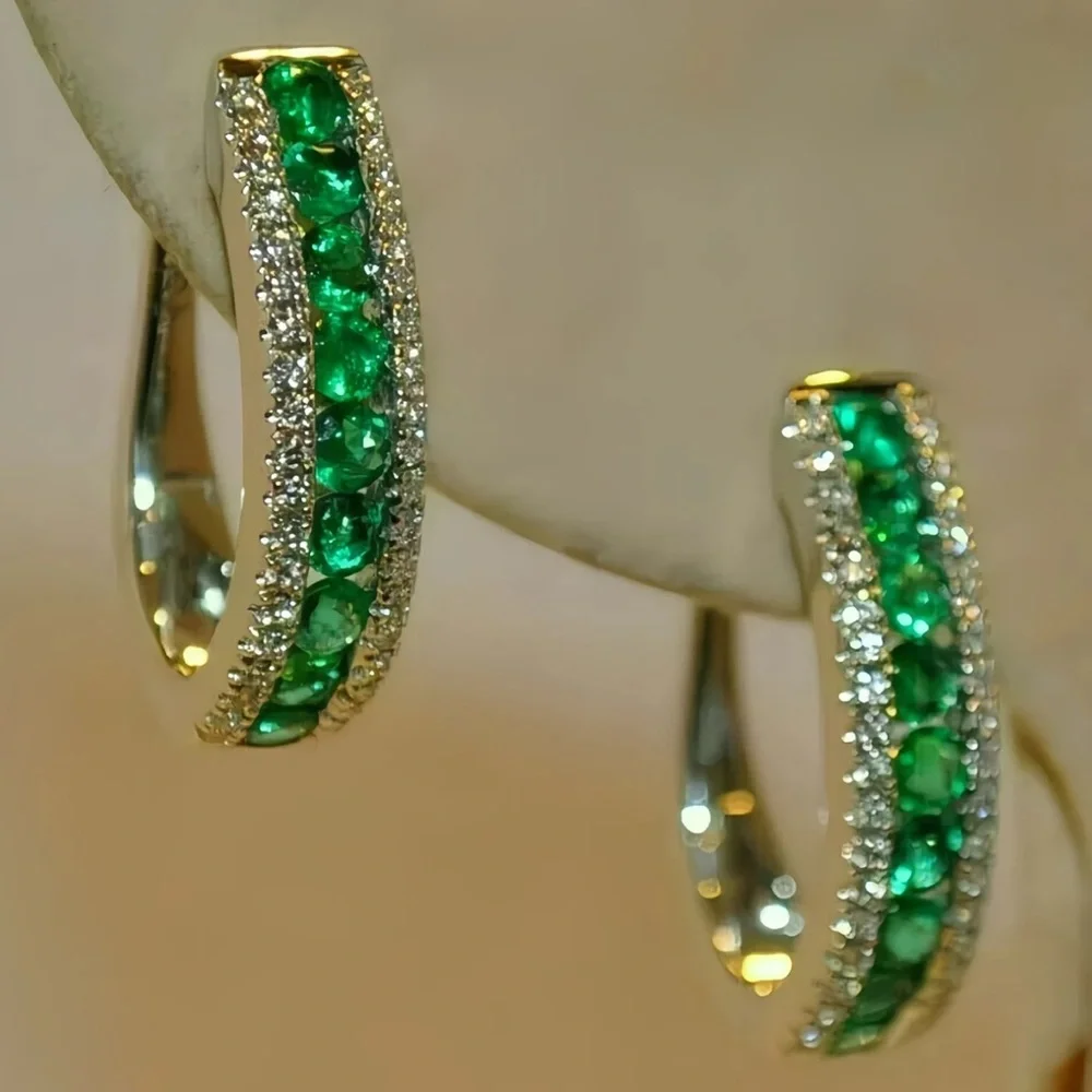 💚 Emerald Green CZ Gold Hoop Earrings Crystal Pave Luxe Statement